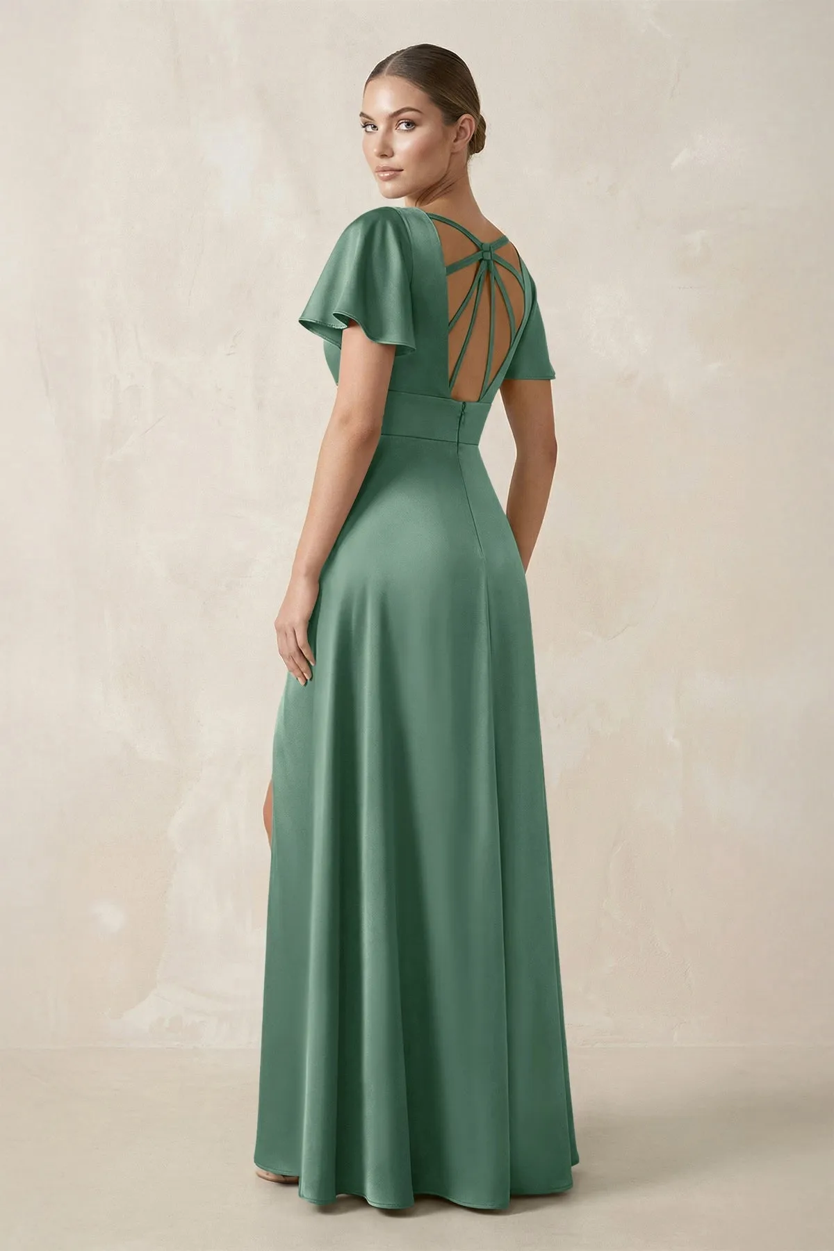Short Sleeve V-Neck A-Line Satin Bridesmaid Dress With Slit in Mint Green sold by KissProm product image thumbnail 2