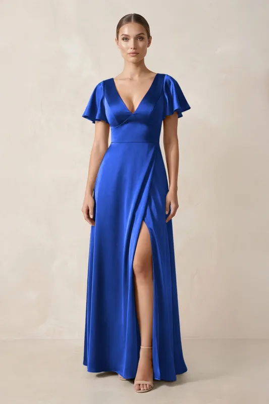 Short Sleeve V-Neck A-Line Satin Bridesmaid Dress With Slit in Royal Blue made by KissProm