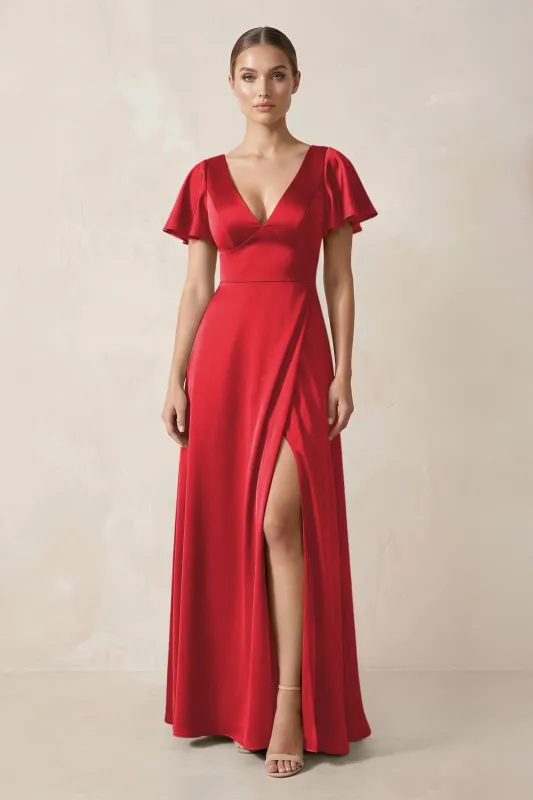 Short Sleeve V-Neck A-Line Satin Bridesmaid Dress With Slit in Ruby Red made by KissProm