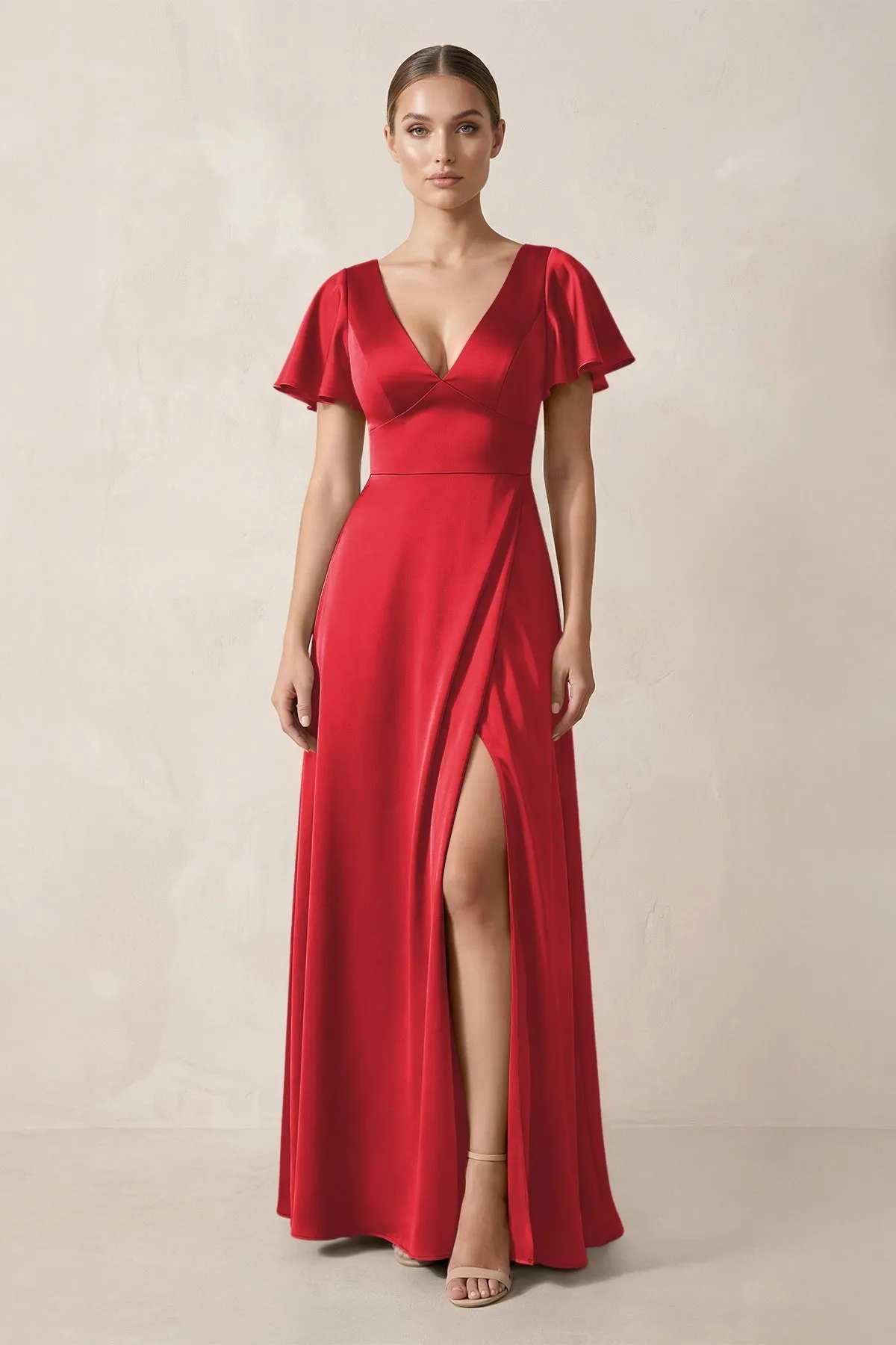 Short Sleeve V-Neck A-Line Satin Bridesmaid Dress With Slit in Ruby Red sold by KissProm