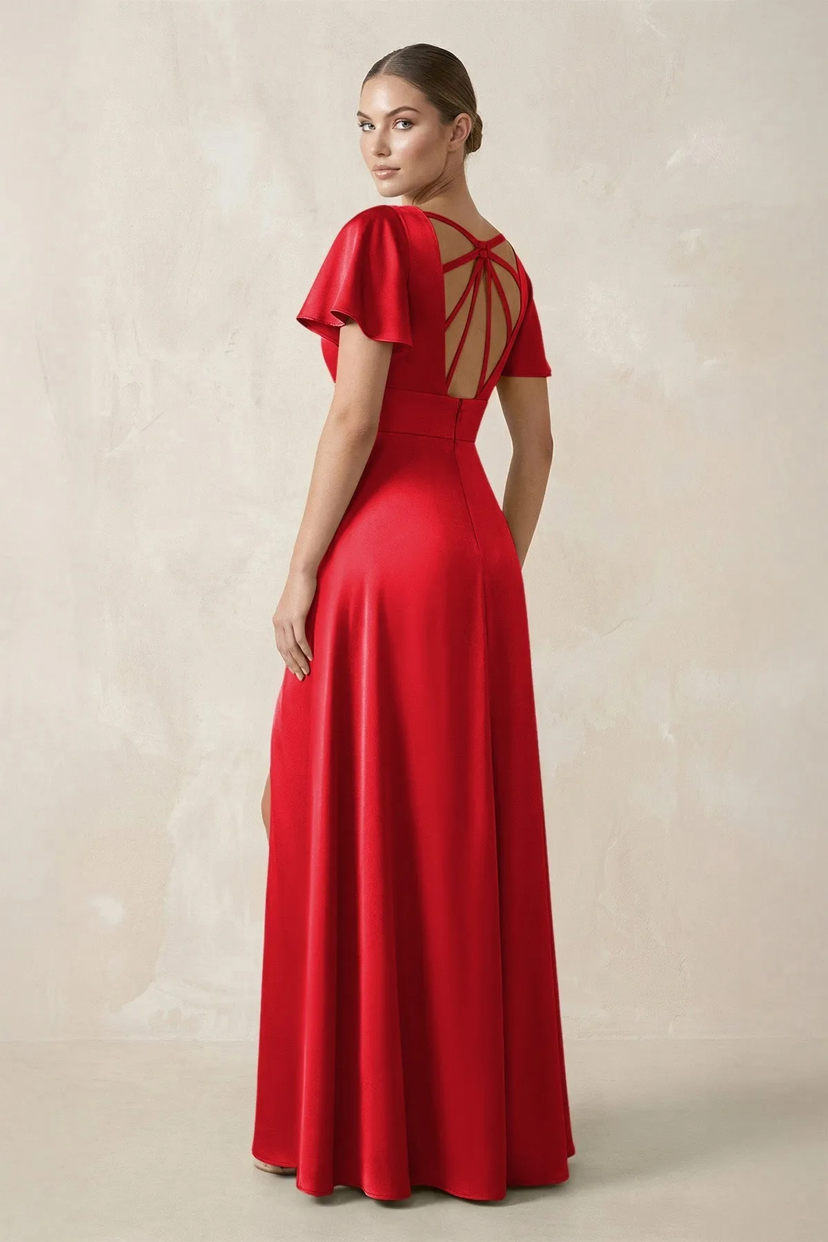 Short Sleeve V-Neck A-Line Satin Bridesmaid Dress With Slit in Ruby Red sold by KissProm product image thumbnail 2