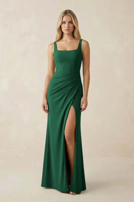 Square Neck Ruched Sheath Satin Bridesmaid Dress in Green made by KissProm