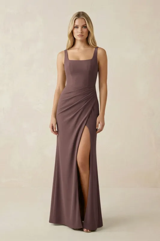 Square Neck Ruched Sheath Satin Bridesmaid Dress in Espresso made by KissProm