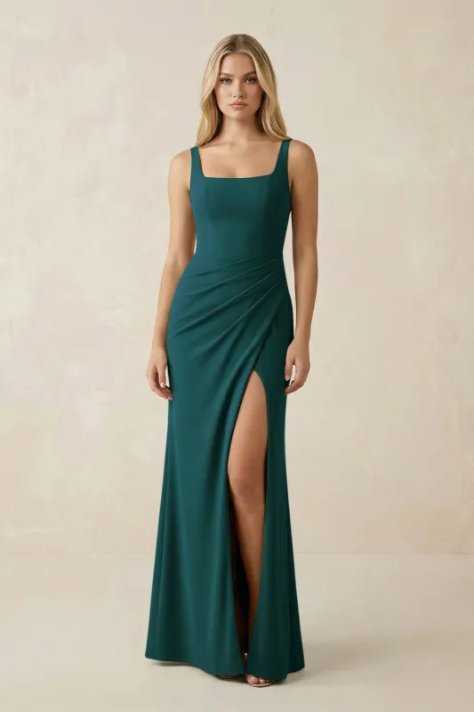 Square Neck Ruched Sheath Satin Bridesmaid Dress in Pine made by KissProm