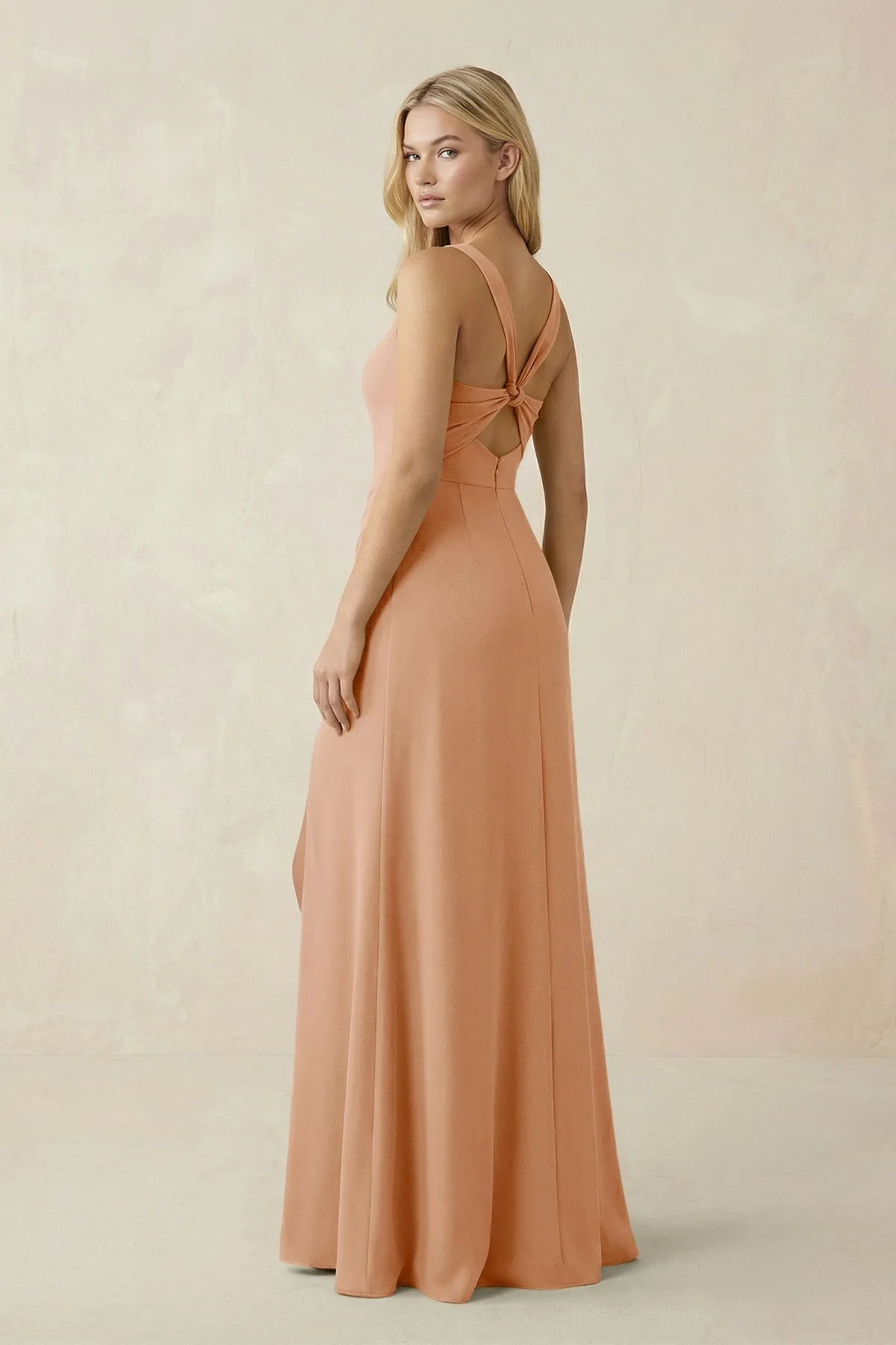Square Neck Ruched Sheath Satin Bridesmaid Dress in Golden Champagne sold by KissProm product image thumbnail 2
