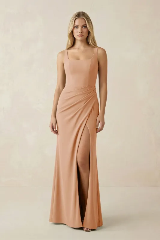 Square Neck Ruched Sheath Satin Bridesmaid Dress in Golden Champagne made by KissProm