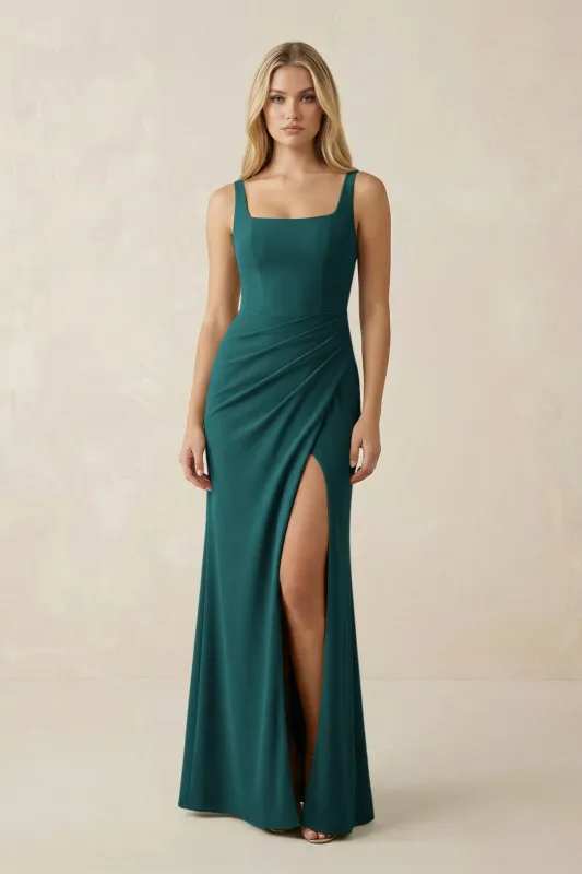 Square Neck Ruched Sheath Satin Bridesmaid Dress in Emerald made by KissProm