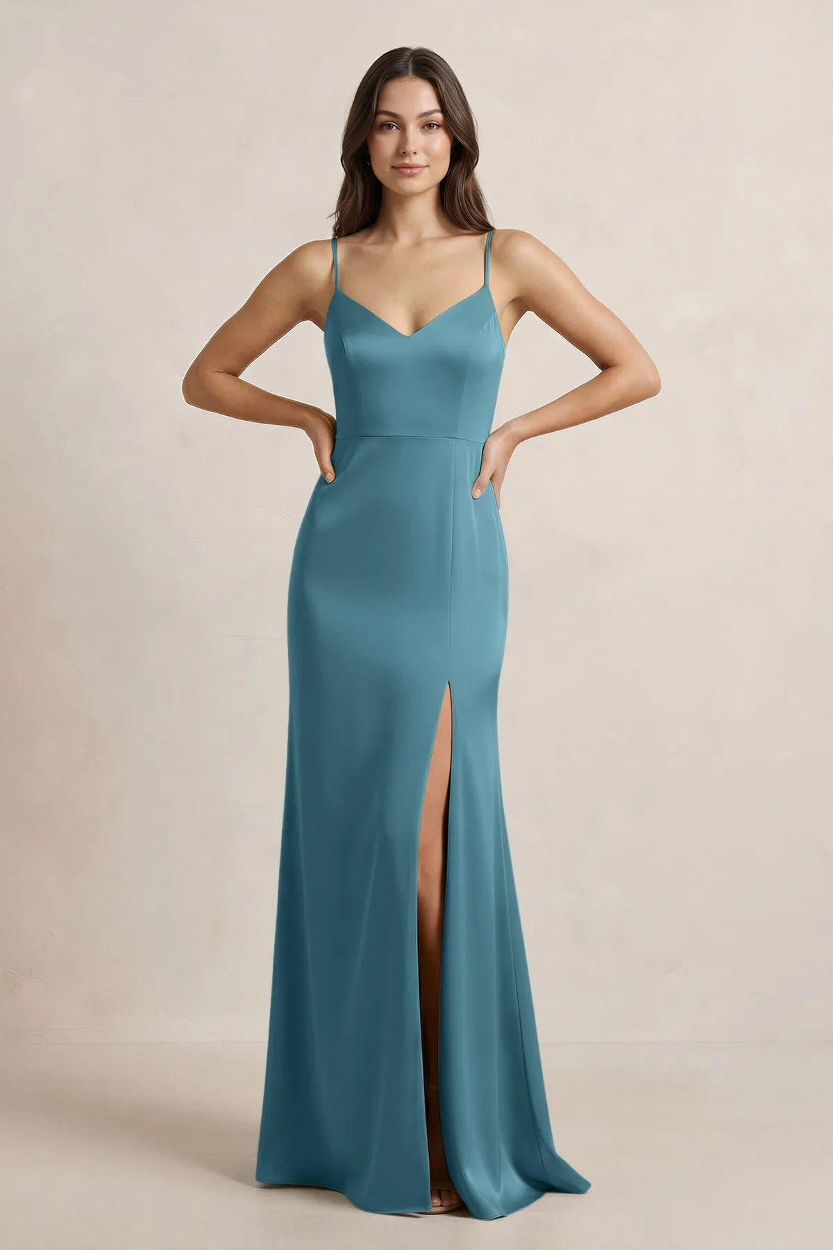Spaghetti Strap Sheath Satin Bridesmaid Dress in Dark Teal sold by KissProm