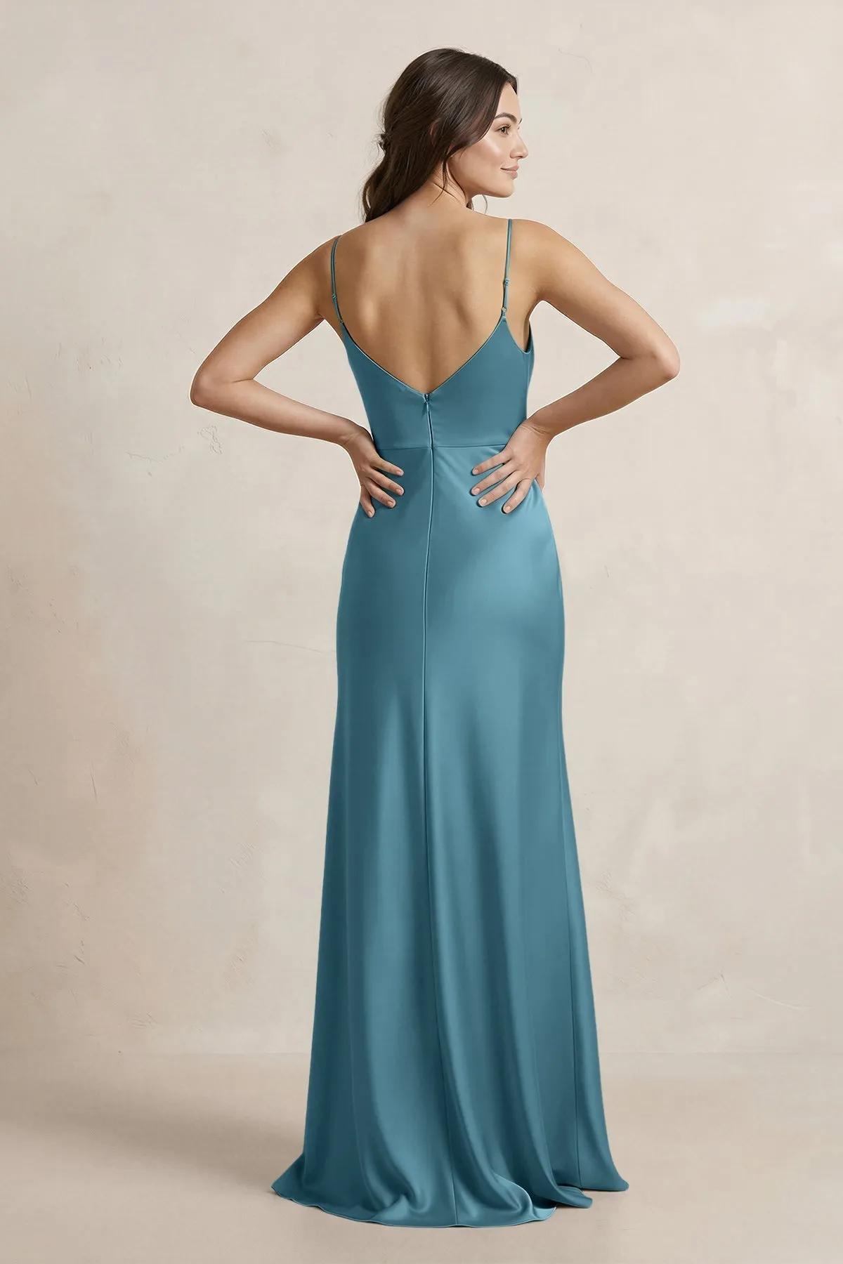 Spaghetti Strap Sheath Satin Bridesmaid Dress in Dark Teal sold by KissProm product image thumbnail 2