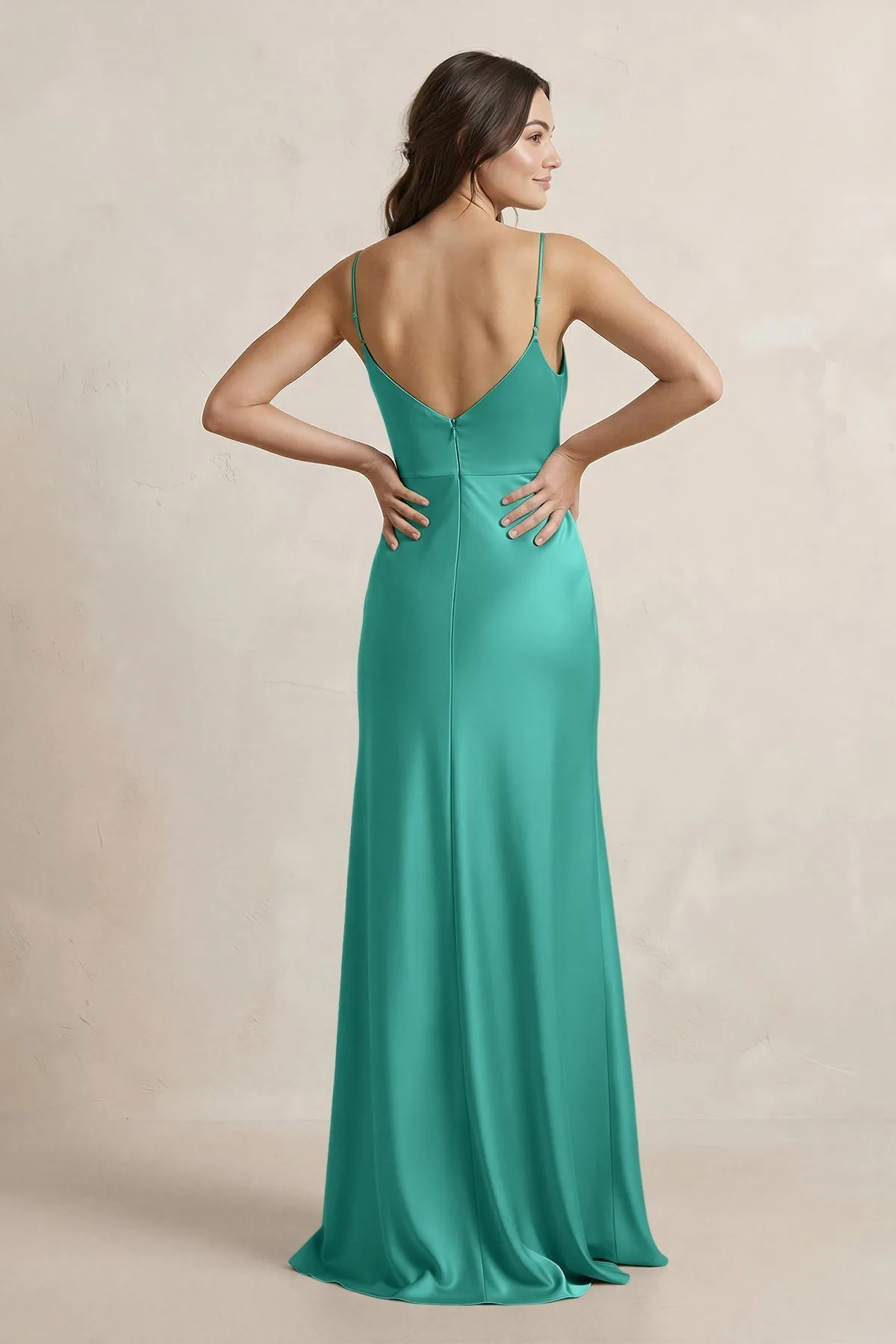 Spaghetti Strap Sheath Satin Bridesmaid Dress in Sea Glass sold by KissProm product image thumbnail 2