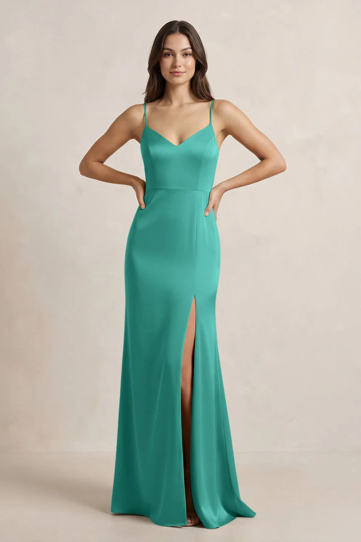 Spaghetti Strap Sheath Satin Bridesmaid Dress in Sea Glass sold by KissProm