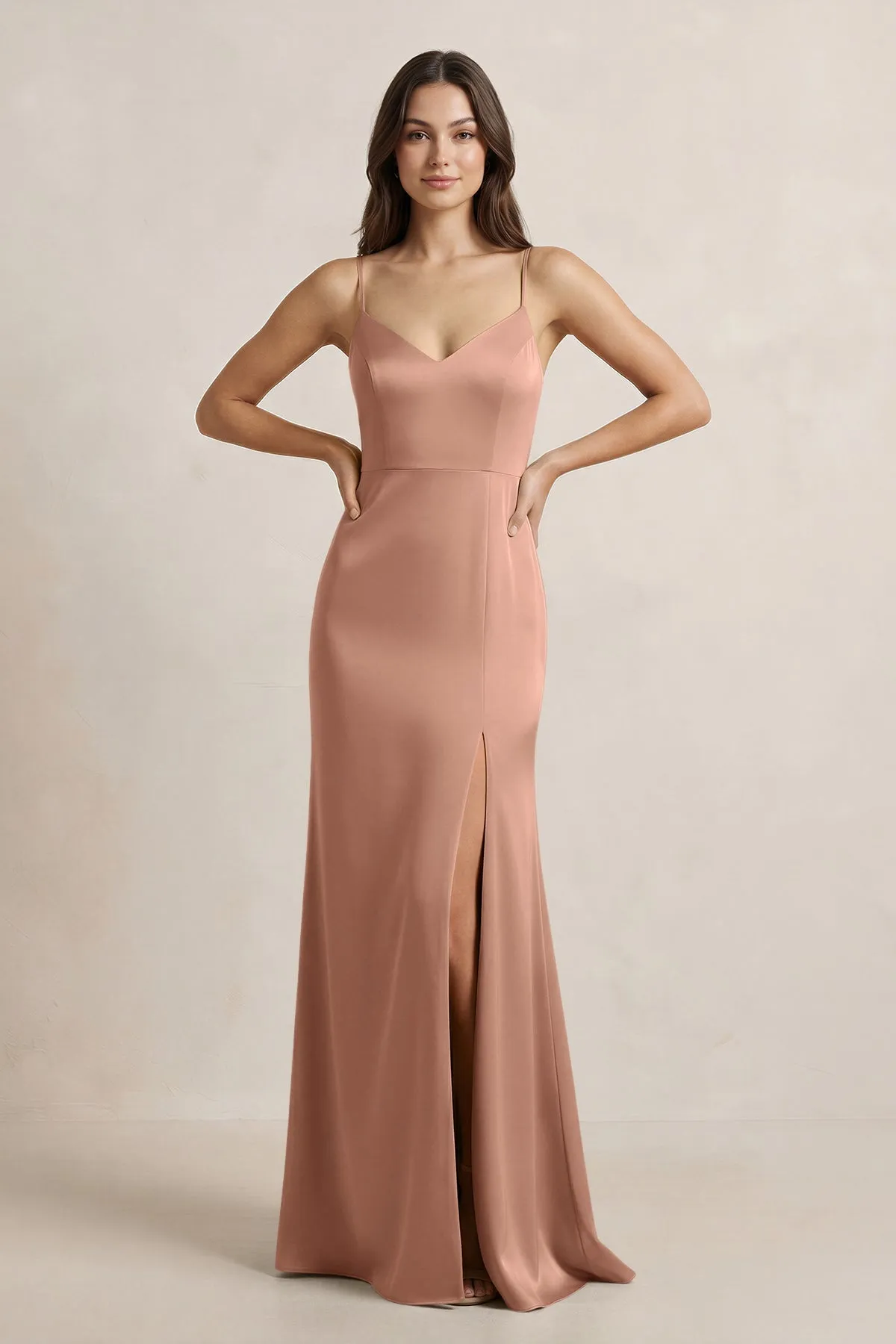 Spaghetti Strap Sheath Satin Bridesmaid Dress in Rosette sold by KissProm
