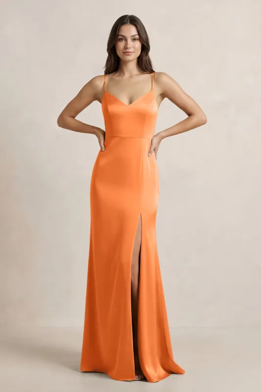 Spaghetti Strap Sheath Satin Bridesmaid Dress in Orange made by KissProm