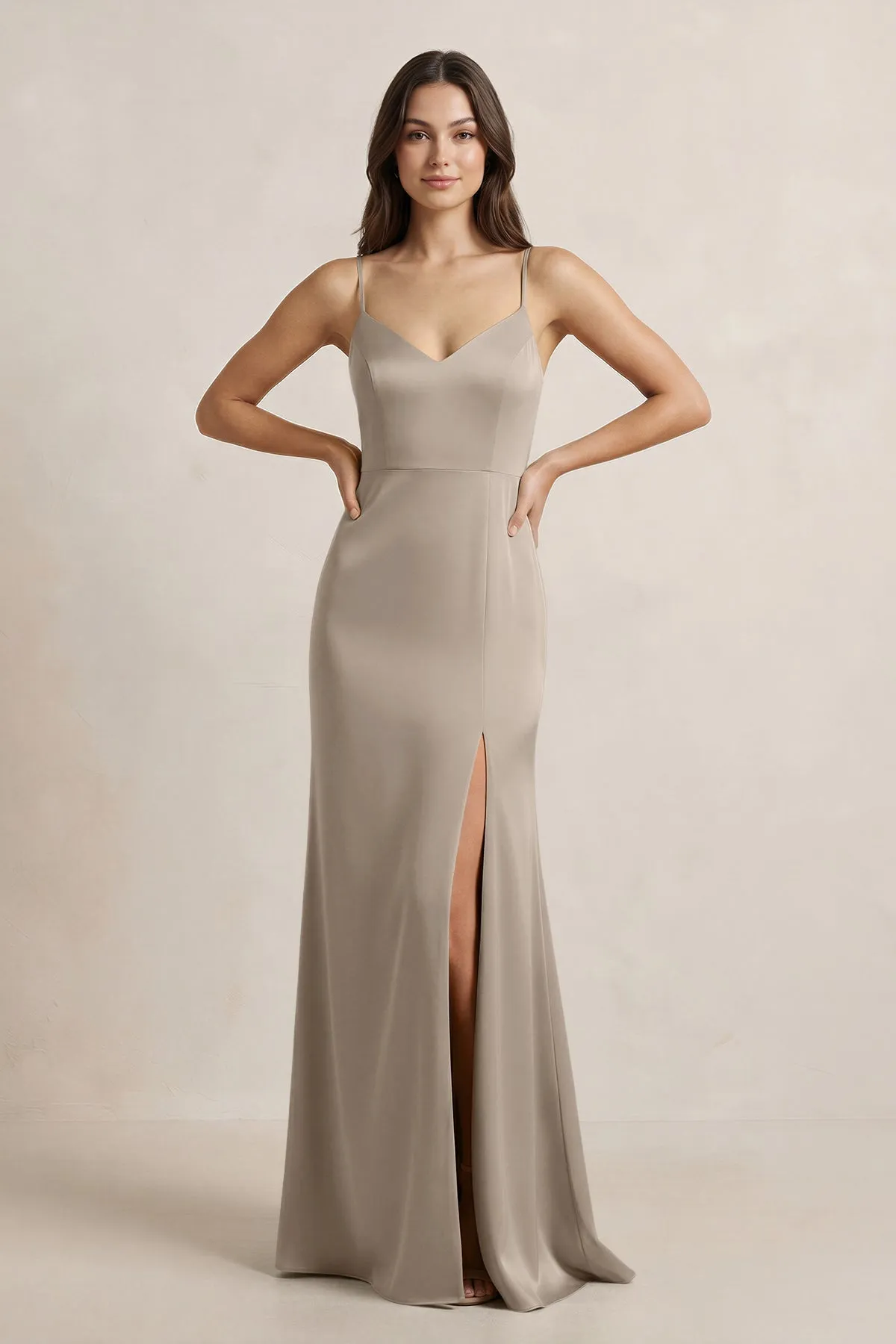 Spaghetti Strap Sheath Satin Bridesmaid Dress in Almond sold by KissProm