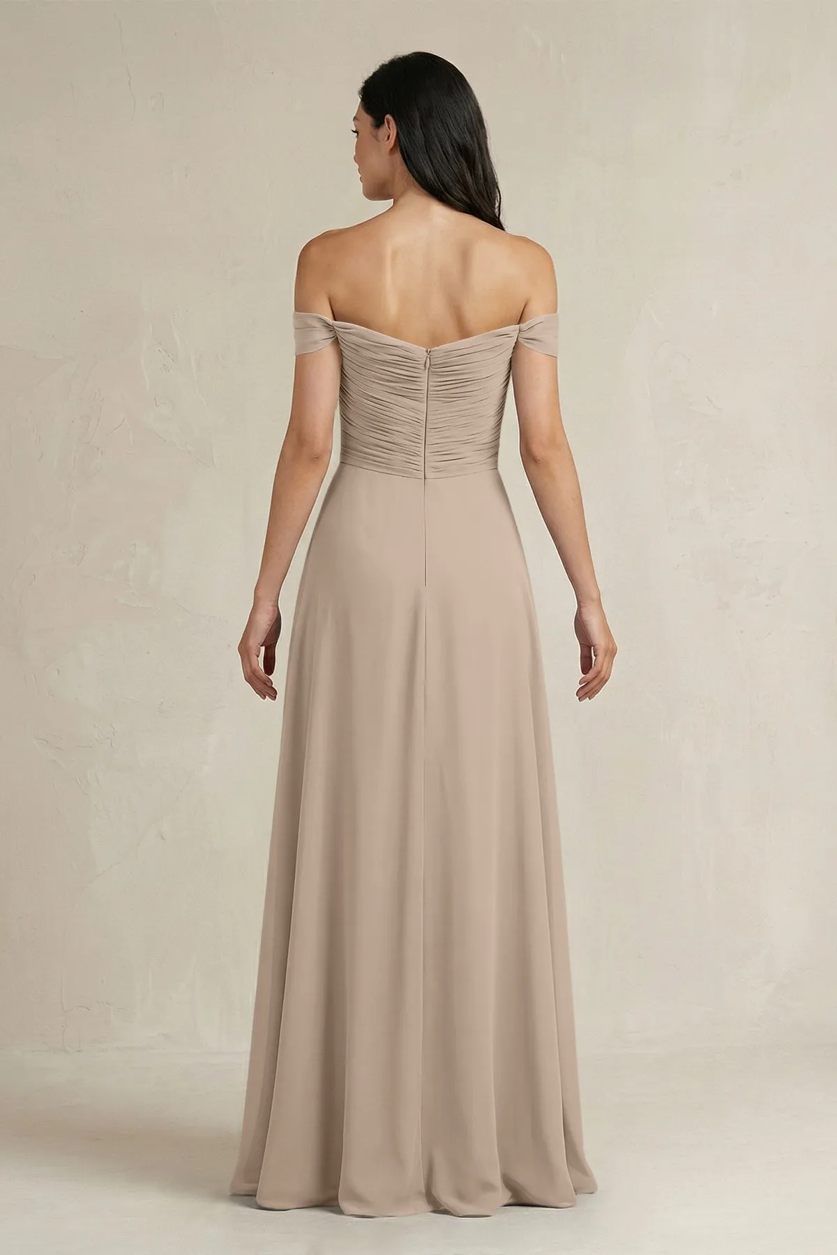 A-Line Pleated Off-the-Shoulder Chiffon Bridesmaid Dress in Almond sold by KissProm product image thumbnail 2