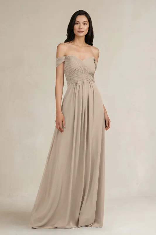 A-Line Pleated Off-the-Shoulder Chiffon Bridesmaid Dress in Almond made by KissProm