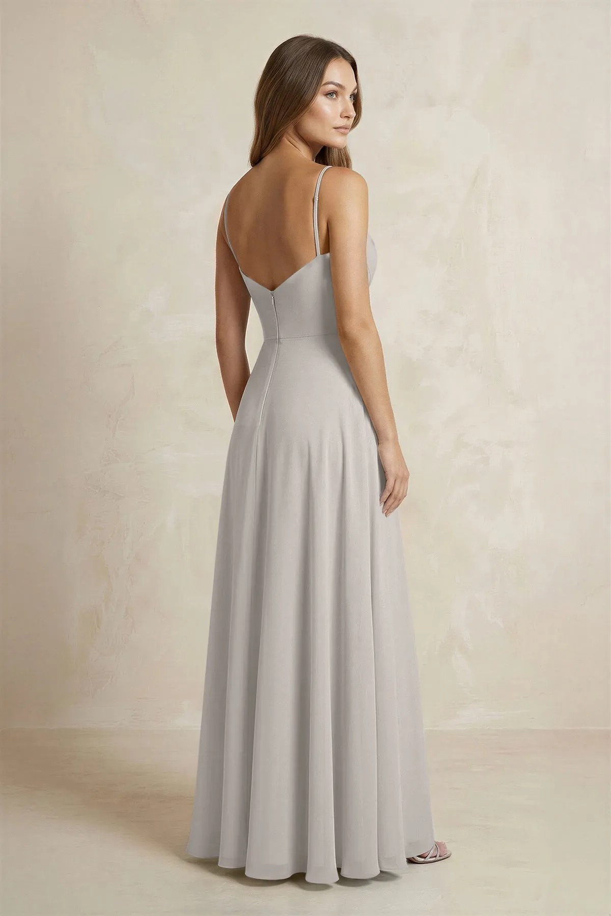 A-Line Cami Strap Chiffon Bridesmaid Dress With Slit in Silver sold by KissProm product image thumbnail 2