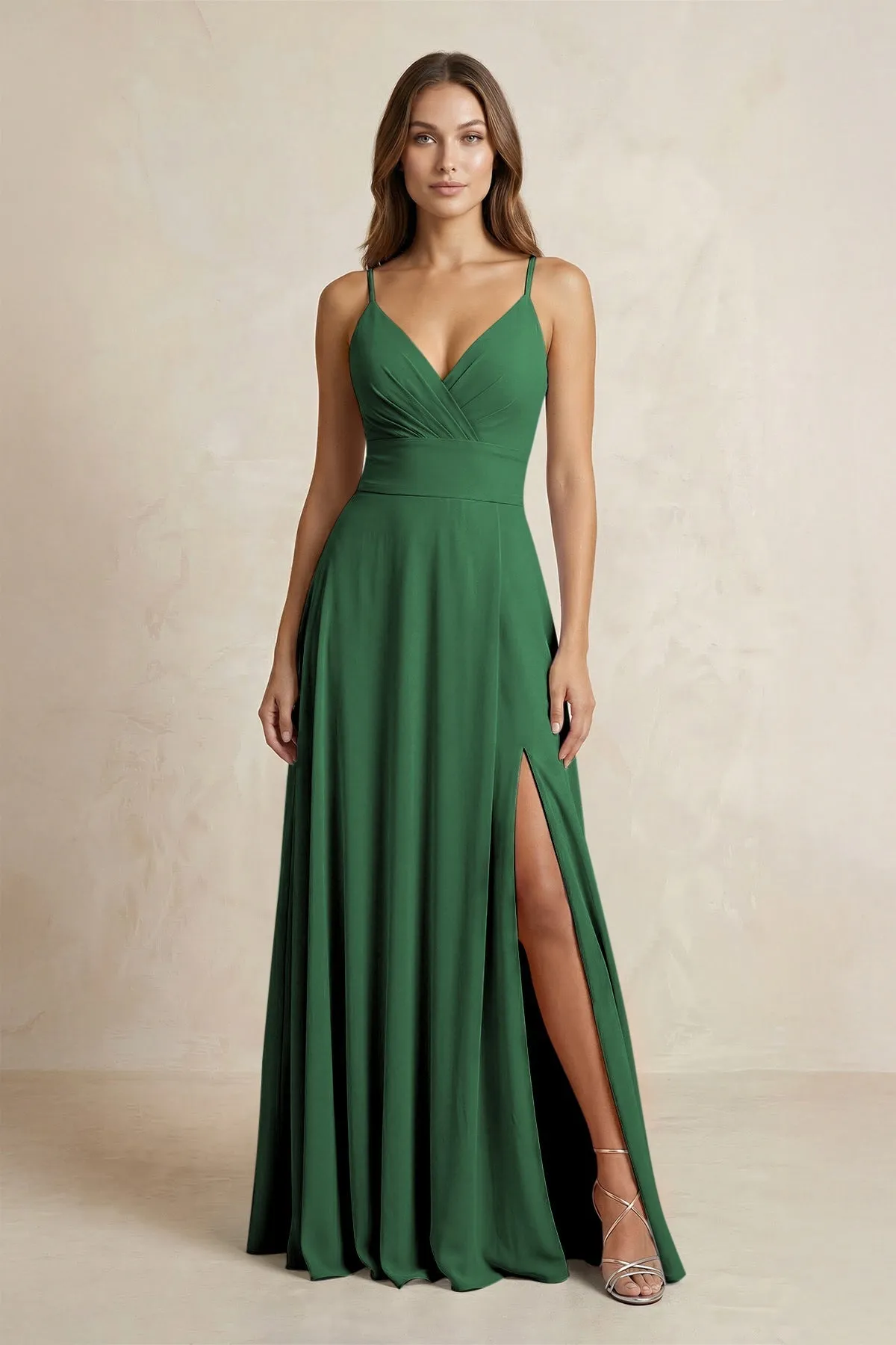 A-Line Cami Strap Chiffon Bridesmaid Dress With Slit in Dark Green sold by KissProm