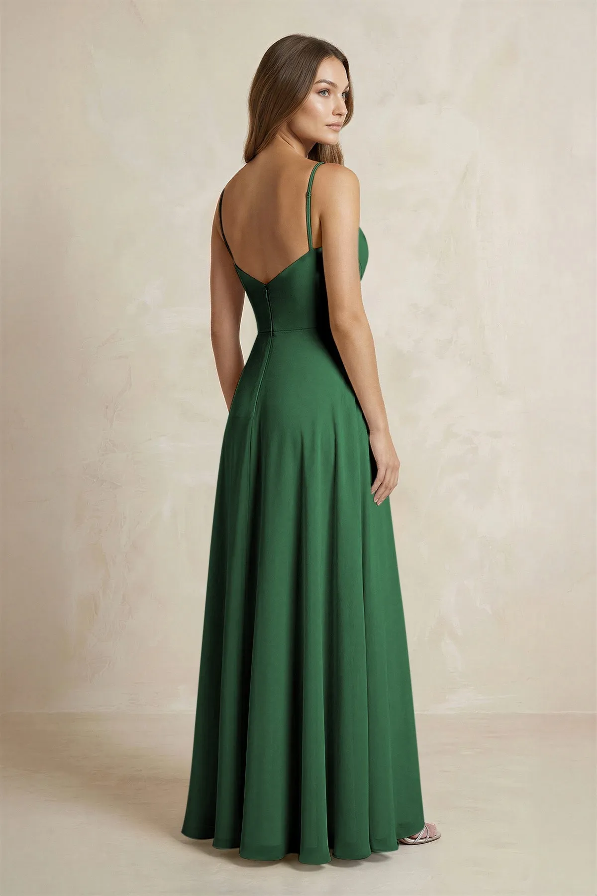 A-Line Cami Strap Chiffon Bridesmaid Dress With Slit in Dark Green sold by KissProm product image thumbnail 2