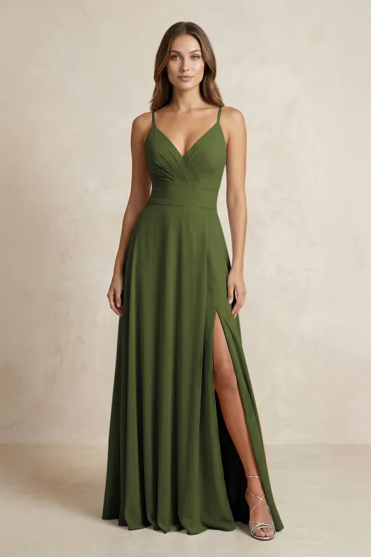 A-Line Cami Strap Chiffon Bridesmaid Dress With Slit in Olive made by KissProm