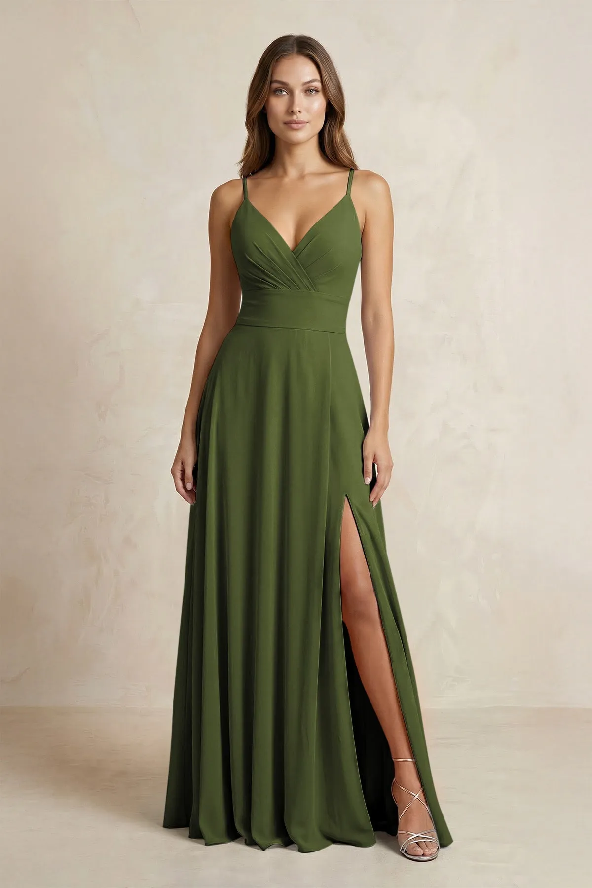 A-Line Cami Strap Chiffon Bridesmaid Dress With Slit in Olive sold by KissProm