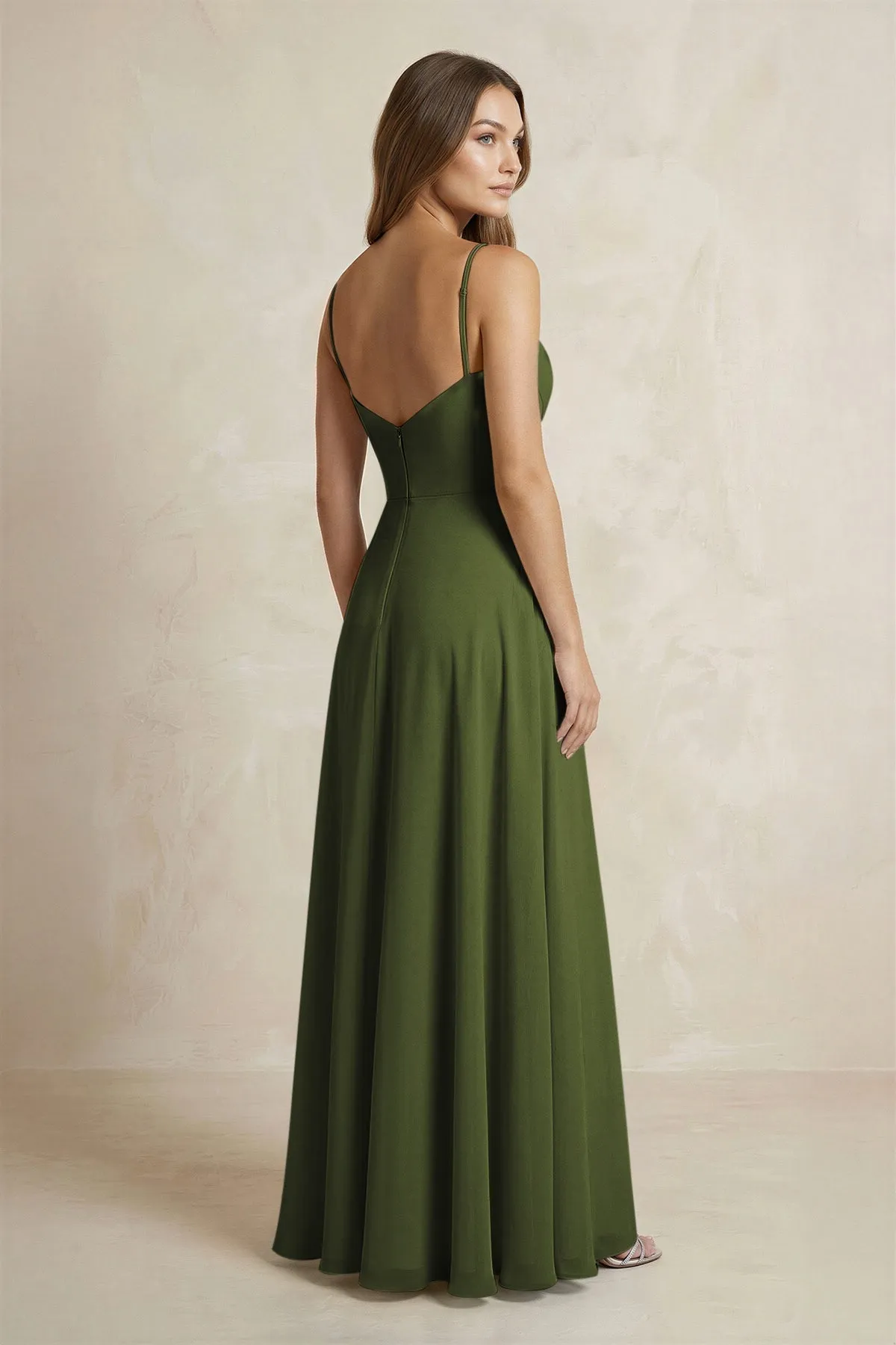 A-Line Cami Strap Chiffon Bridesmaid Dress With Slit in Olive sold by KissProm product image thumbnail 2