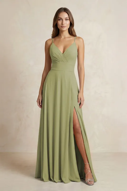 A-Line Cami Strap Chiffon Bridesmaid Dress With Slit in Moss Green made by KissProm