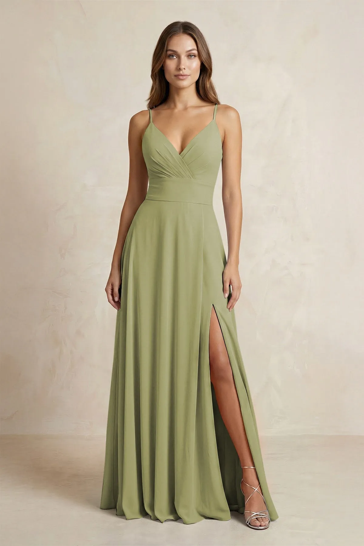 A-Line Cami Strap Chiffon Bridesmaid Dress With Slit in Moss Green sold by KissProm