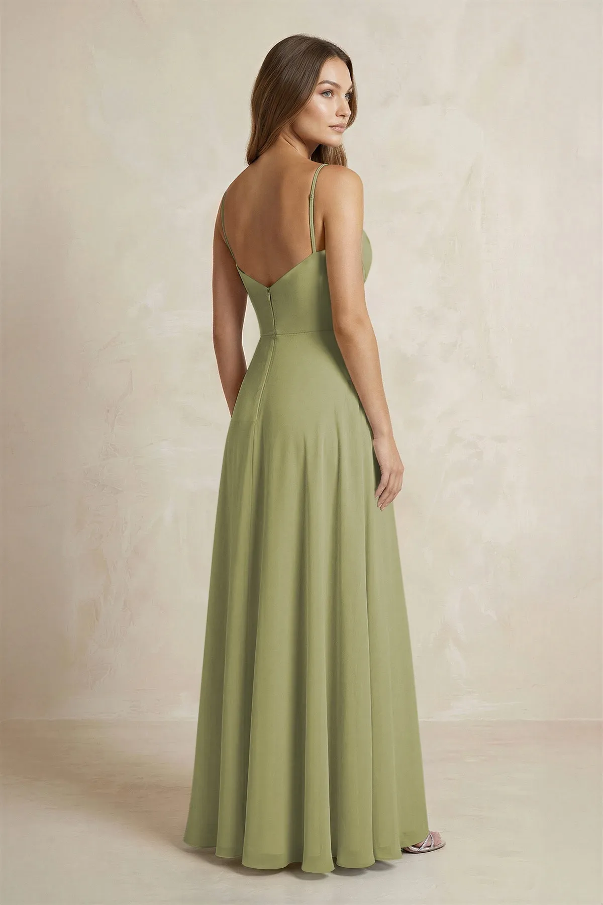 A-Line Cami Strap Chiffon Bridesmaid Dress With Slit in Moss Green sold by KissProm product image thumbnail 2