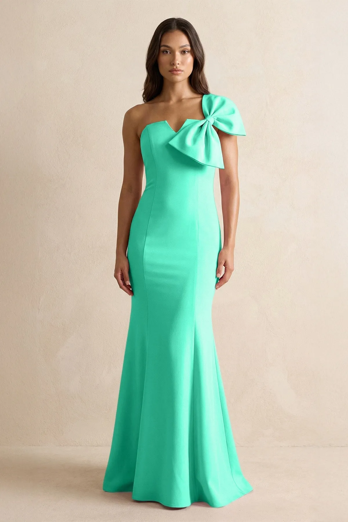 Bow Mermaid One Shoulder Bridesmaid Dress in Turquoise sold by KissProm