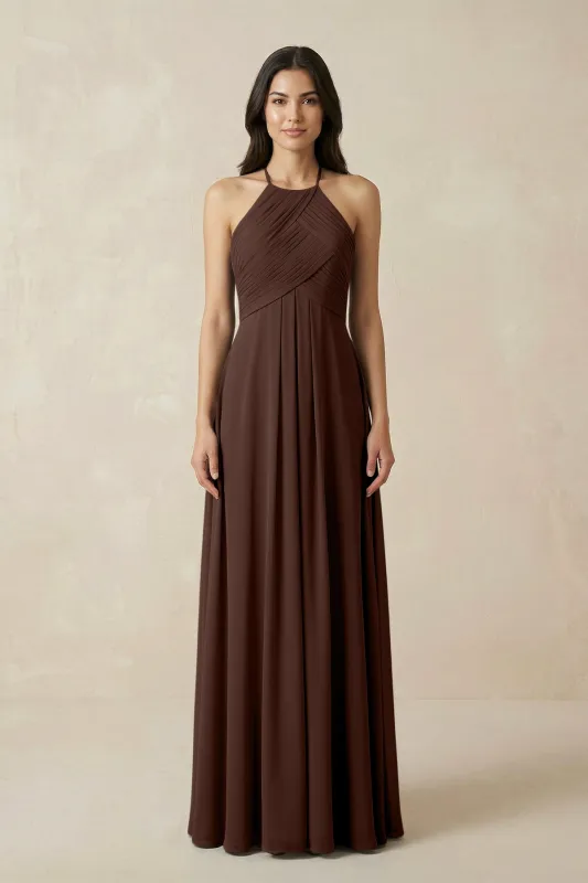 A-Line Halter Neck Pleated Chiffon Bridesmaid Dress in Espresso made by KissProm