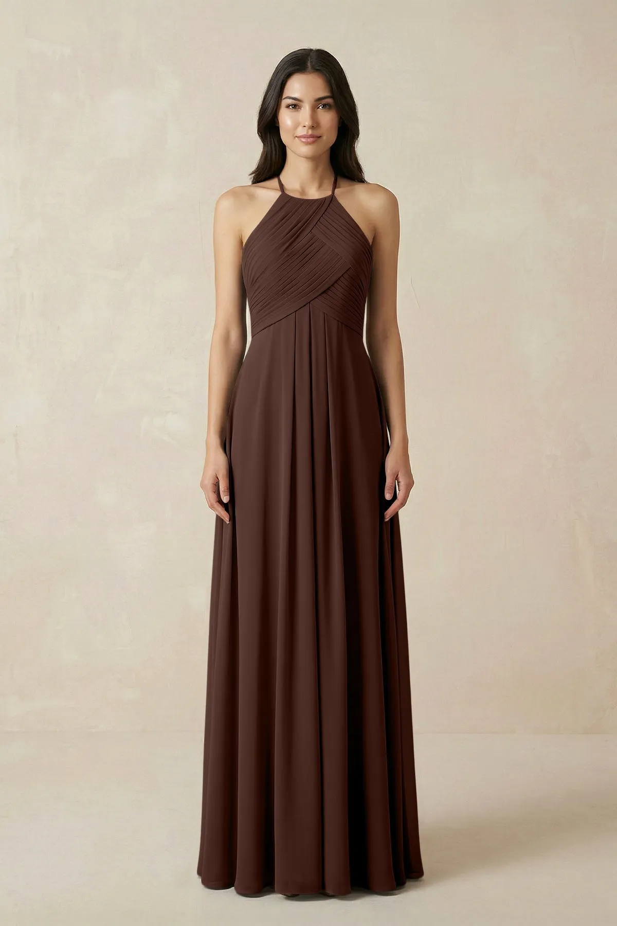 A-Line Halter Neck Pleated Chiffon Bridesmaid Dress in Espresso sold by KissProm