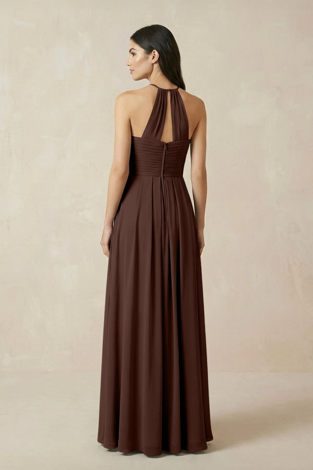 A-Line Halter Neck Pleated Chiffon Bridesmaid Dress in Espresso sold by KissProm product image thumbnail 2