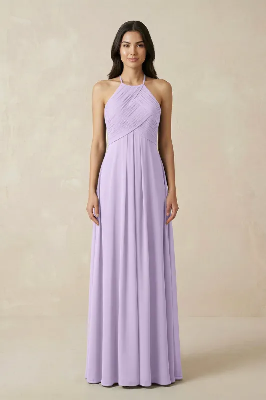A-Line Halter Neck Pleated Chiffon Bridesmaid Dress in Lavender made by KissProm