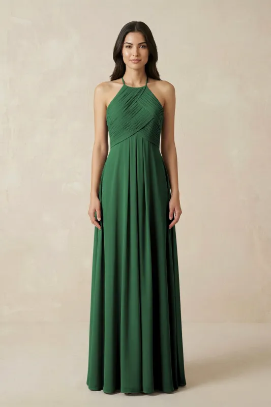 A-Line Halter Neck Pleated Chiffon Bridesmaid Dress in Dark Green made by KissProm