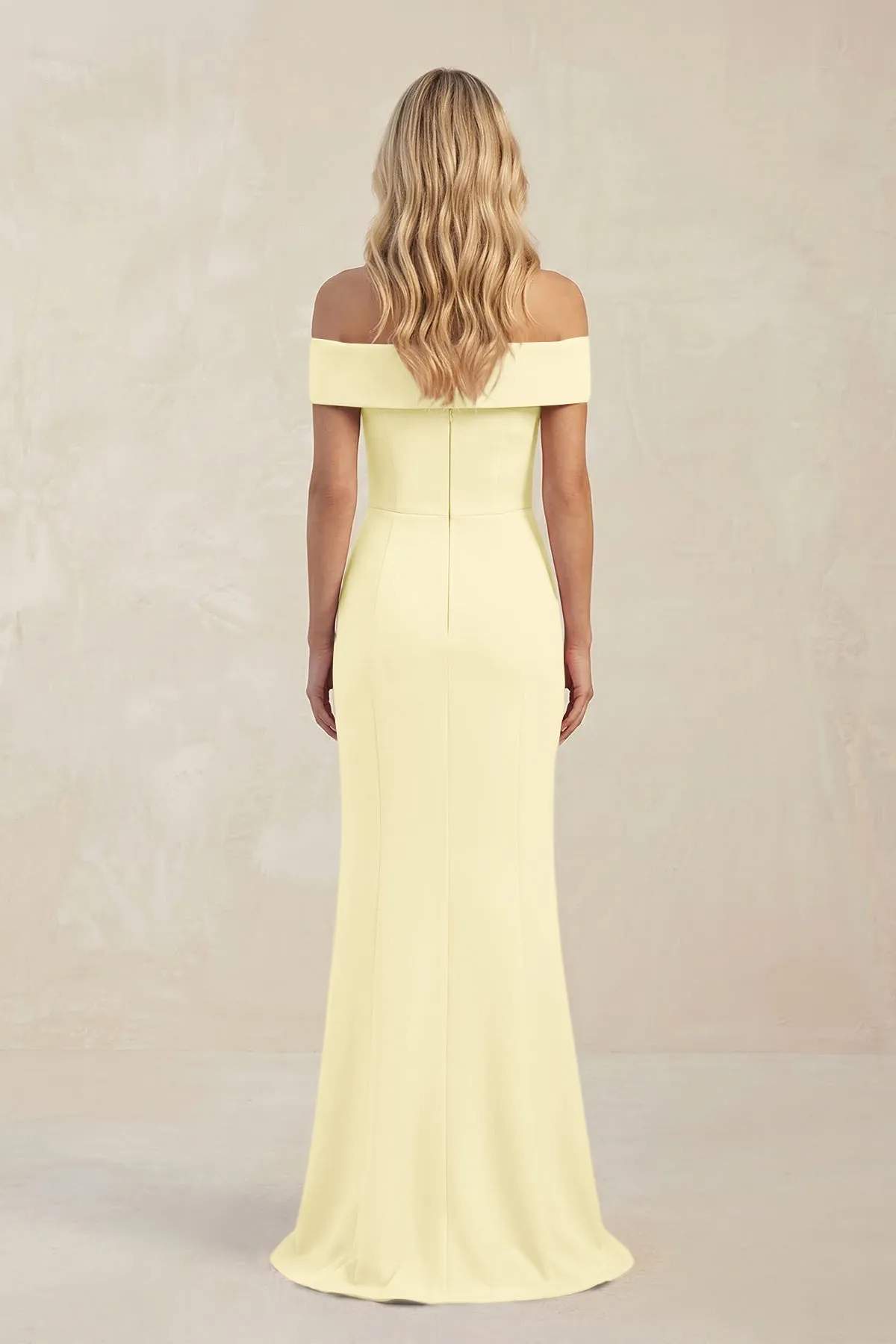 Sheath Off-the-Shoulder Satin Bridesmaid Dress With Slit in Pastel Yellow sold by KissProm product image thumbnail 2