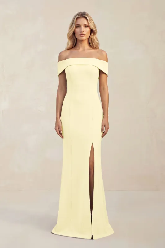Sheath Off-the-Shoulder Satin Bridesmaid Dress With Slit in Pastel Yellow made by KissProm