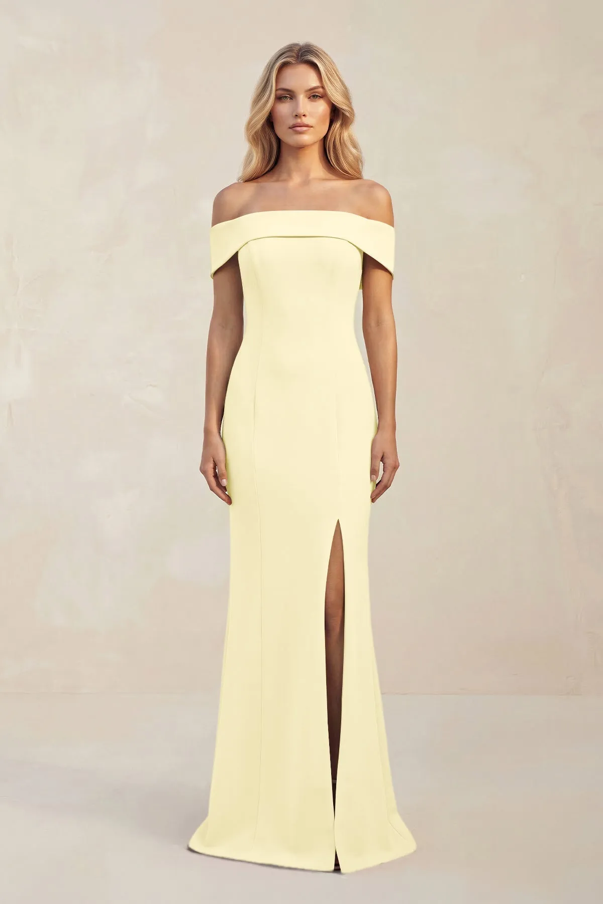 Sheath Off-the-Shoulder Satin Bridesmaid Dress With Slit in Pastel Yellow sold by KissProm