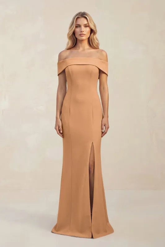 Sheath Off-the-Shoulder Satin Bridesmaid Dress With Slit in Bronzer made by KissProm