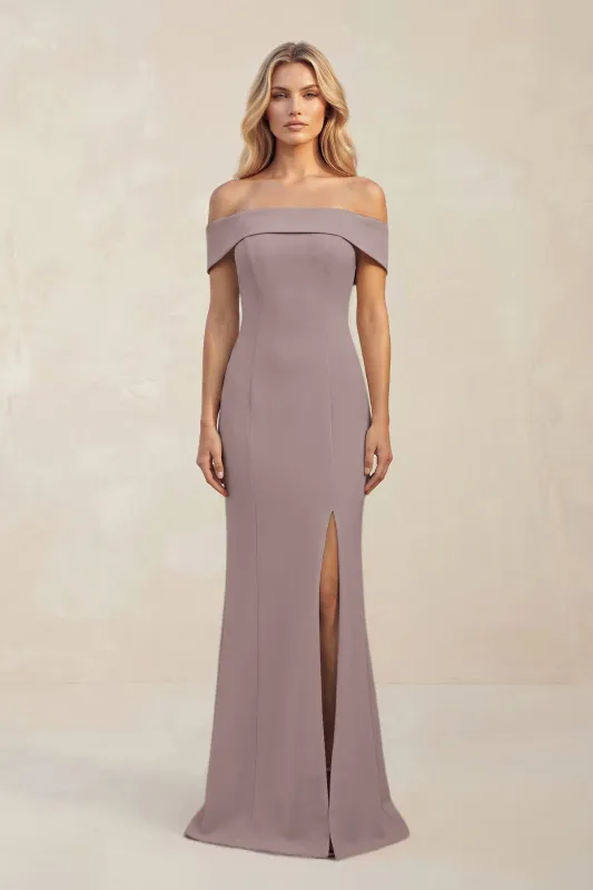 Sheath Off-the-Shoulder Satin Bridesmaid Dress With Slit in Dusk made by KissProm