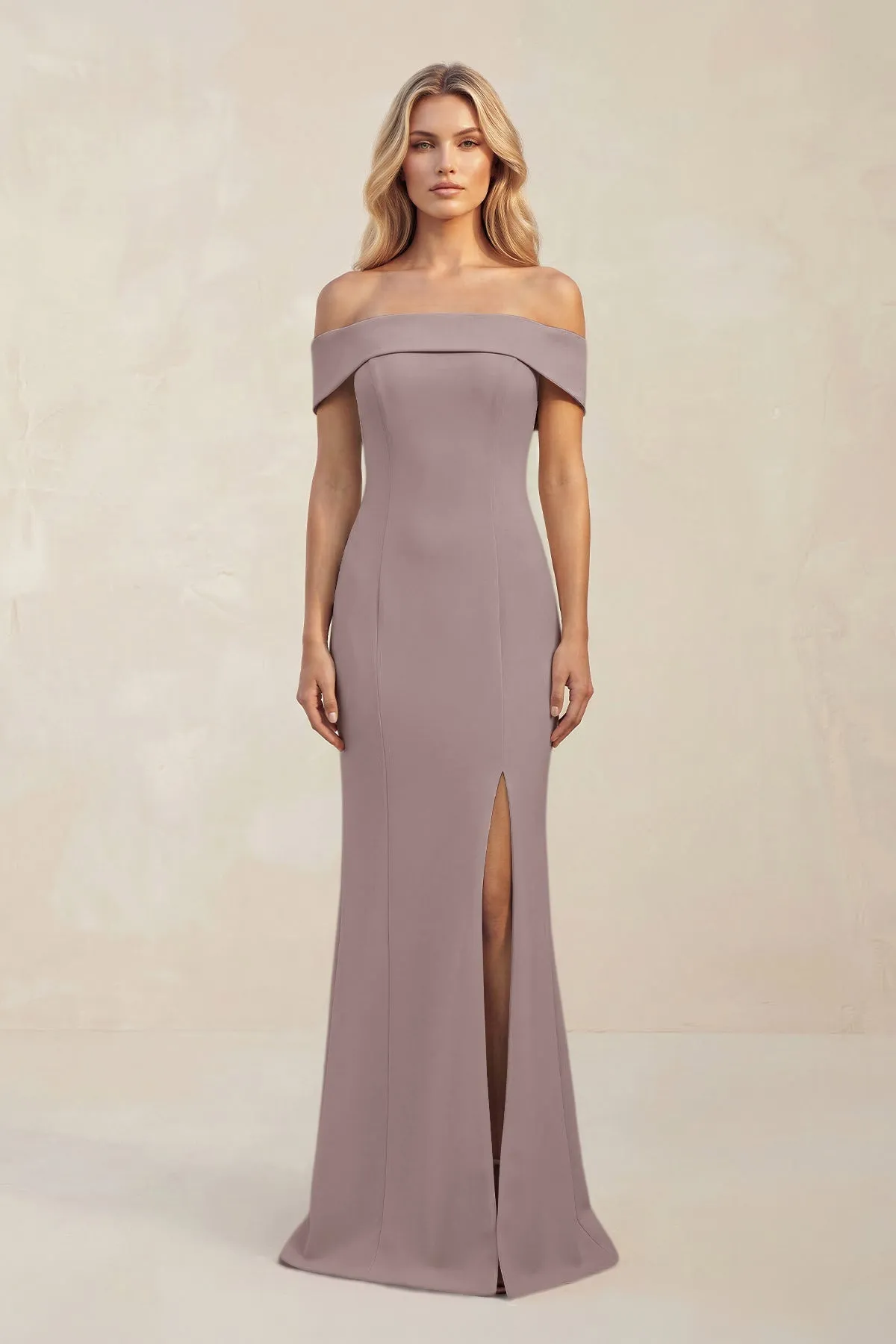Sheath Off-the-Shoulder Satin Bridesmaid Dress With Slit in Dusk sold by KissProm