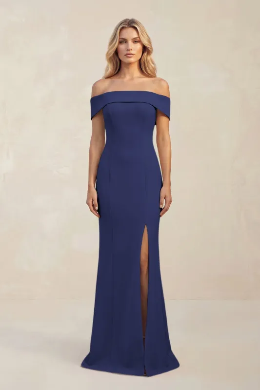 Sheath Off-the-Shoulder Satin Bridesmaid Dress With Slit in Dark Navy made by KissProm