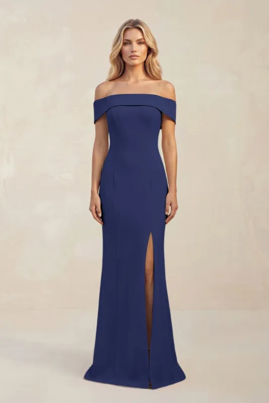 Sheath Off-the-Shoulder Satin Bridesmaid Dress With Slit in Dusk Blue made by KissProm