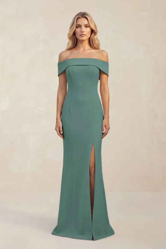 Sheath Off-the-Shoulder Satin Bridesmaid Dress With Slit in Dark Teal made by KissProm