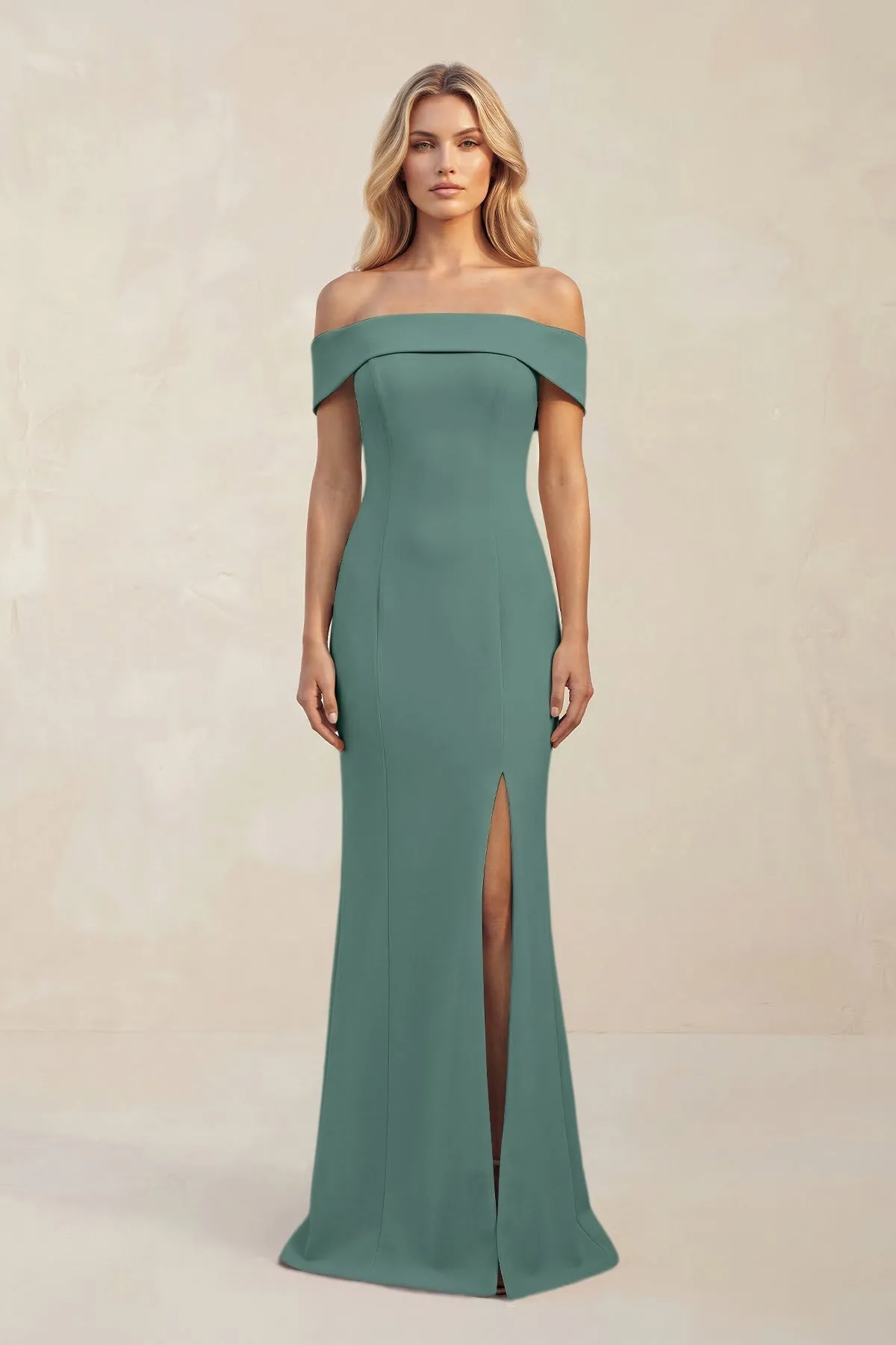 Sheath Off-the-Shoulder Satin Bridesmaid Dress With Slit in Dark Teal sold by KissProm