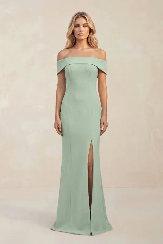 Sheath Off-the-Shoulder Satin Bridesmaid Dress With Slit in Matcha made by KissProm