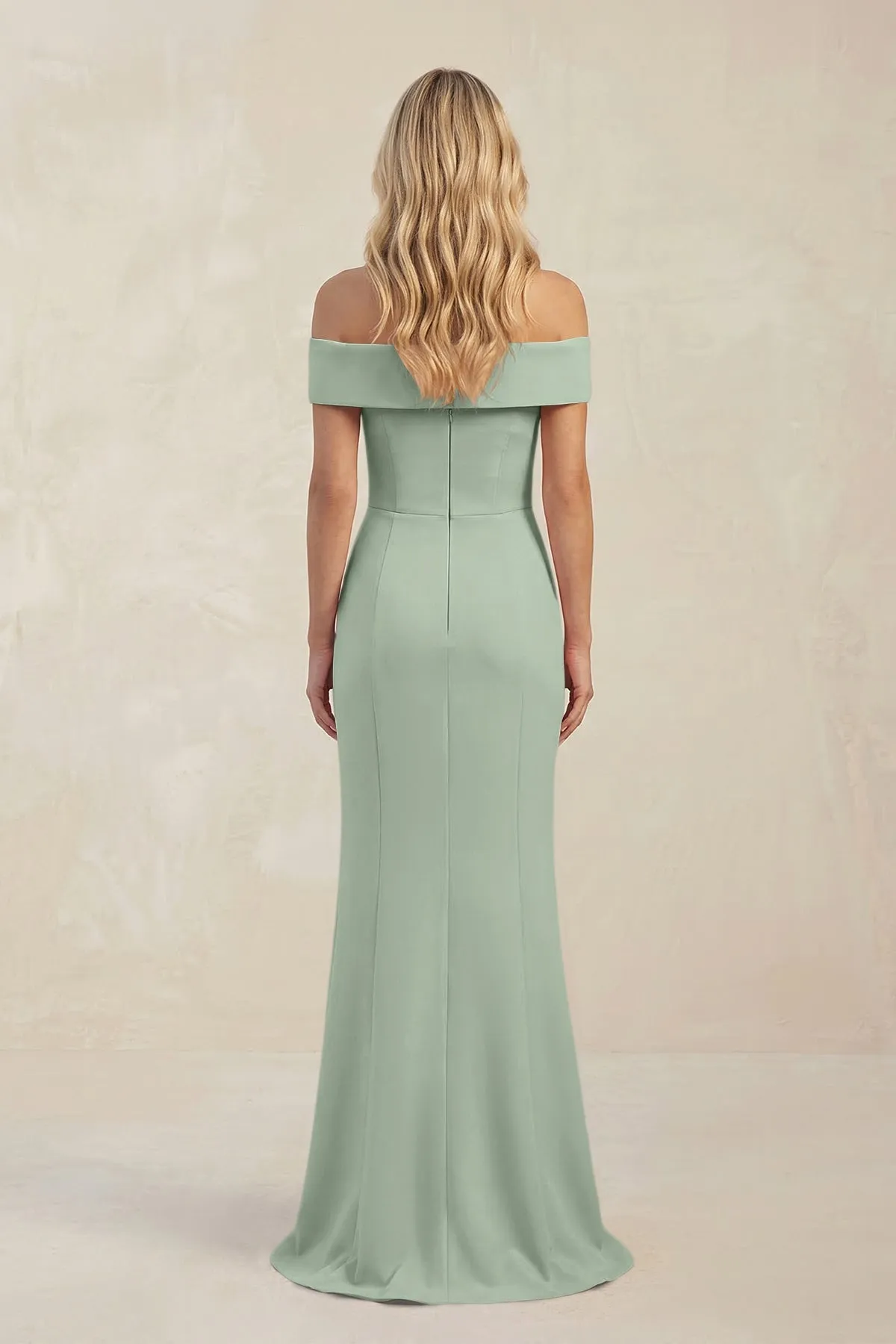 Sheath Off-the-Shoulder Satin Bridesmaid Dress With Slit in Matcha sold by KissProm product image thumbnail 2