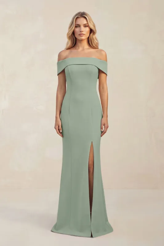 Sheath Off-the-Shoulder Satin Bridesmaid Dress With Slit in Sage made by KissProm