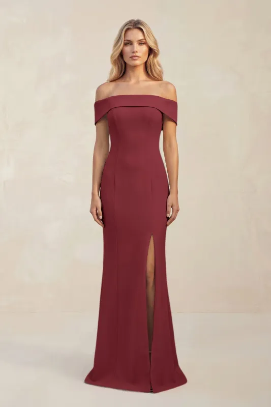 Sheath Off-the-Shoulder Satin Bridesmaid Dress With Slit in Berry made by KissProm