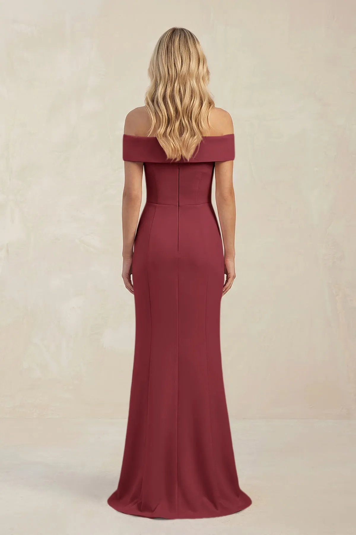 Sheath Off-the-Shoulder Satin Bridesmaid Dress With Slit in Berry sold by KissProm product image thumbnail 2